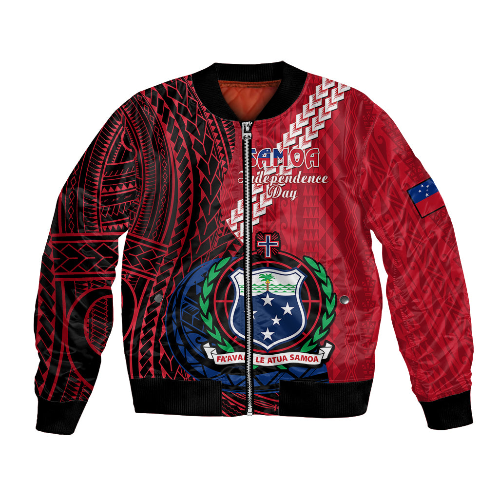 Red bomber jacket with black pattern, front zipper, ribbed collar and cuffs, crest graphic