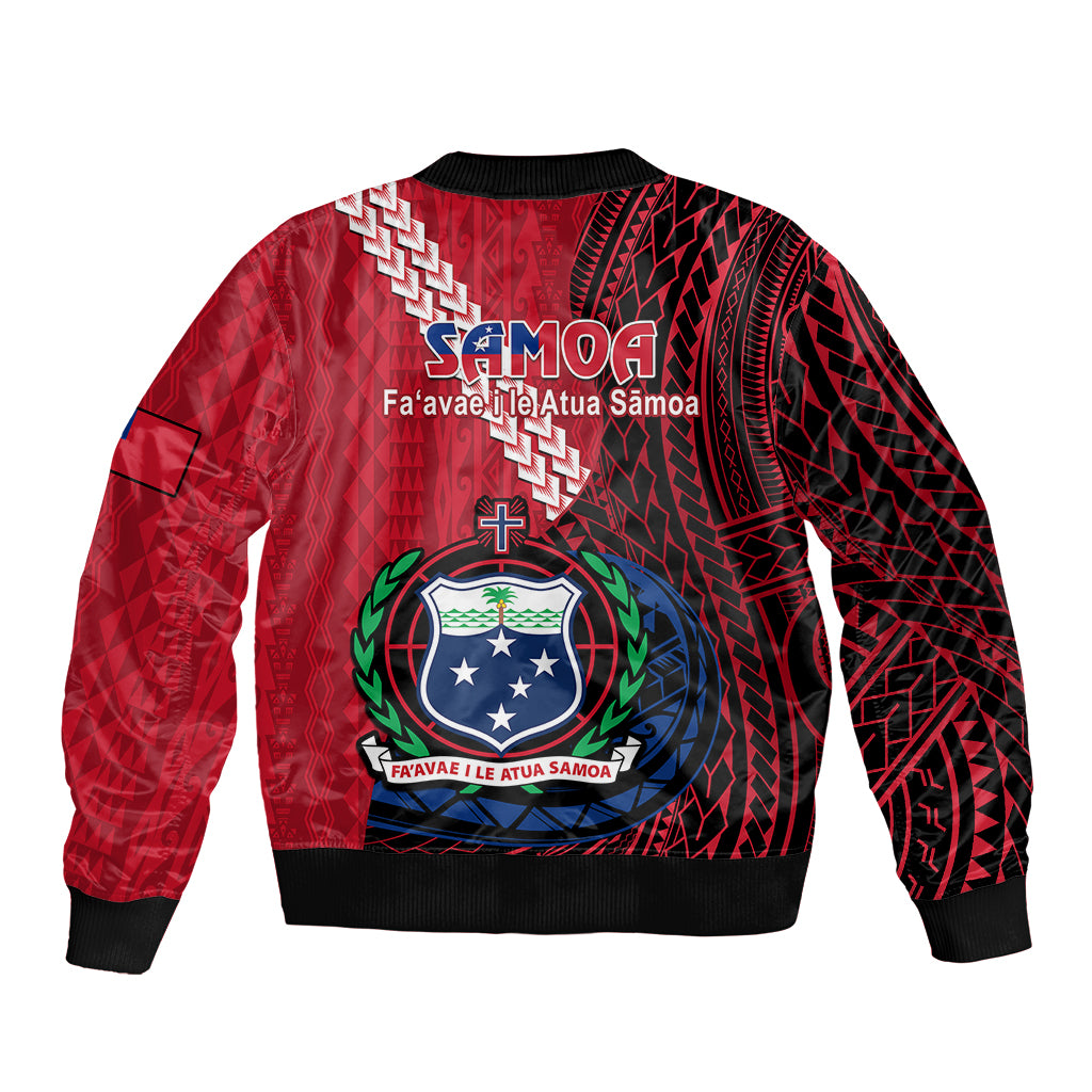 Red bomber jacket with black geometric pattern, ribbed cuffs, large back crest graphic