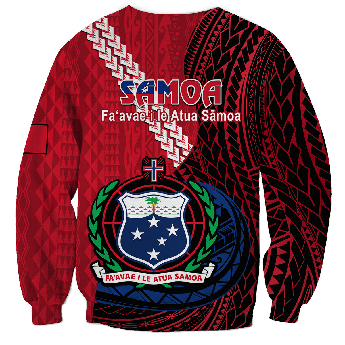 Red crewneck sweatshirt with black tribal patterns, Samoa text and blue shield crest