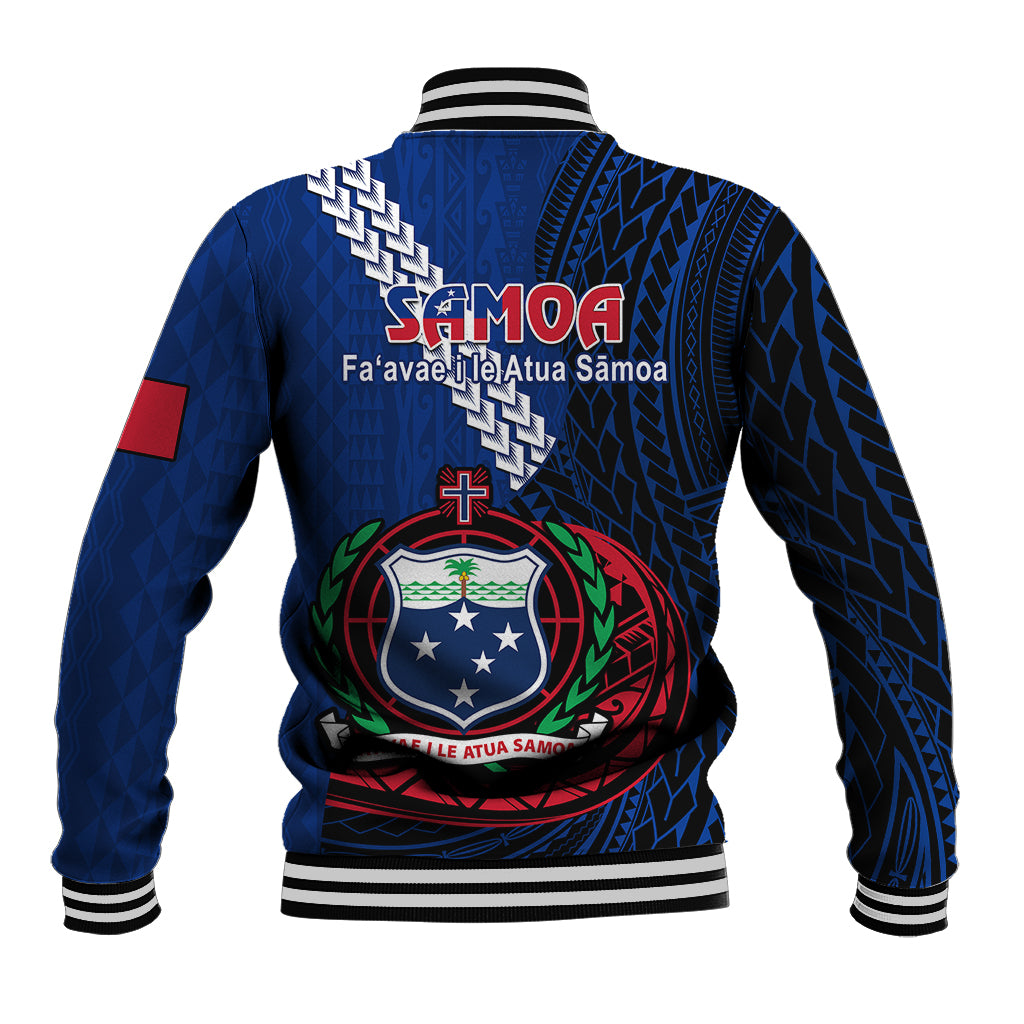 Blue Samoa baseball jacket back with large crest graphic and striped ribbed hem