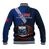 Blue Samoa baseball jacket back with large crest graphic and striped ribbed hem