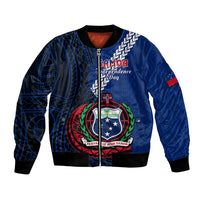 Blue bomber jacket with full-zip front and bold Samoa Independence Day graphic
