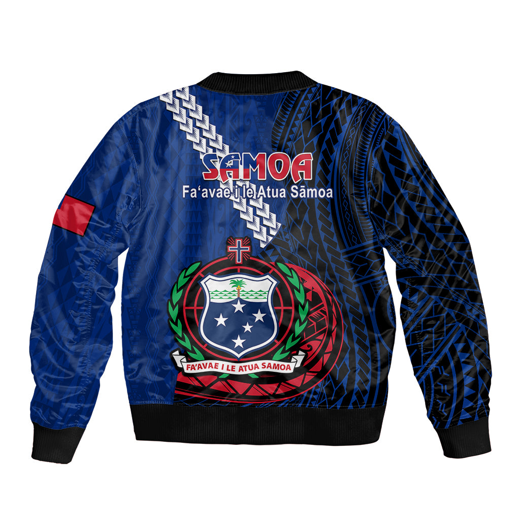 Blue bomber jacket back with Samoa emblem and patterned geometric print