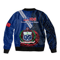 Blue bomber jacket back with Samoa emblem and patterned geometric print