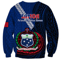 Blue unisex sweatshirt with large Samoa back graphic and patterned side panels