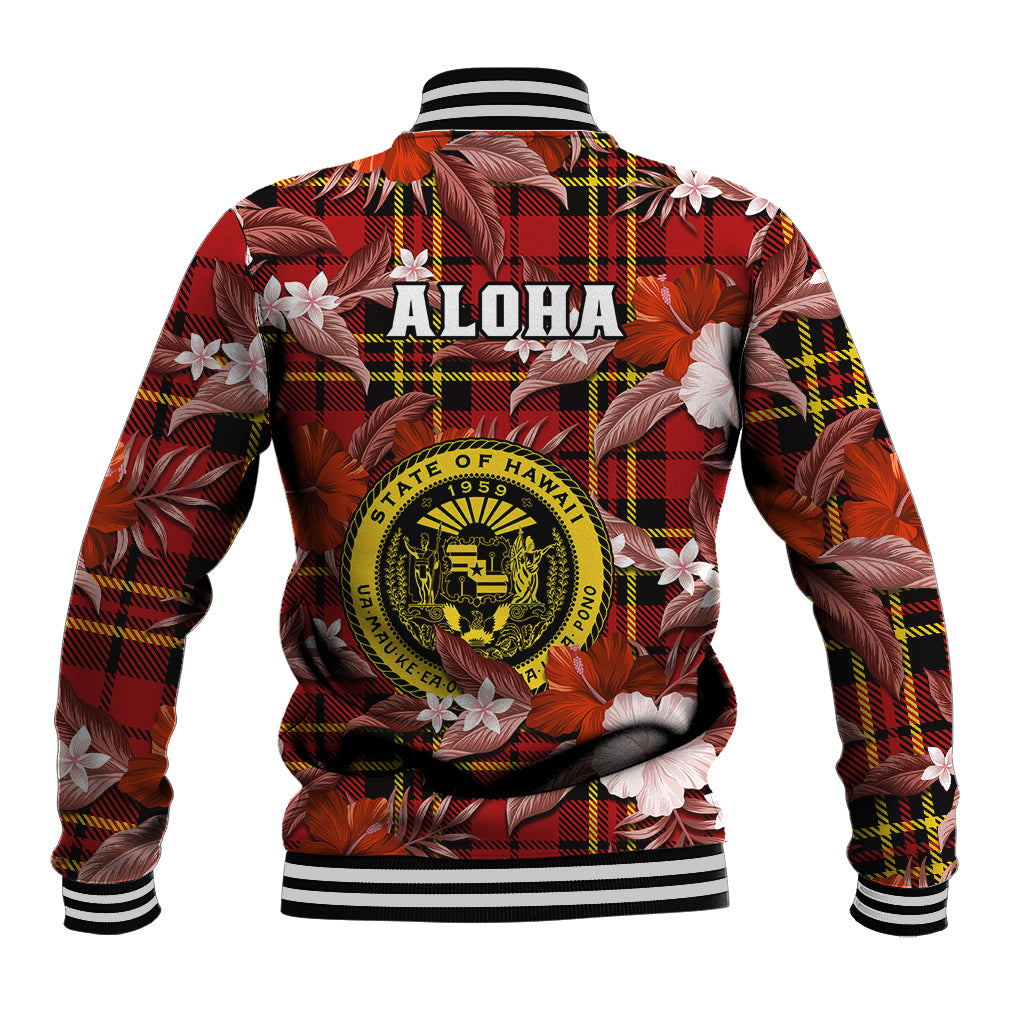 Red tartan baseball jacket, ALOHA graphic and state seal, tropical floral, striped ribbed hem
