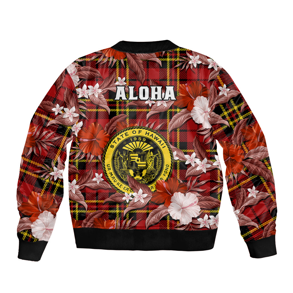 Red bomber jacket with tropical floral and tartan print, ALOHA back graphic, black ribbing.
