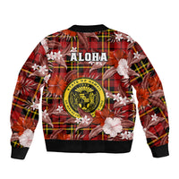 Red bomber jacket with tropical floral and tartan print, ALOHA back graphic, black ribbing.