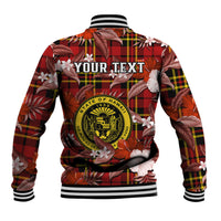 Red tropical floral baseball jacket back with tartan print, 'YOUR TEXT' and Hawaii crest