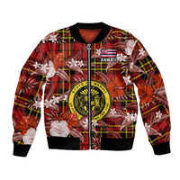 Red bomber jacket with tropical flower print, tartan pattern, black ribbed collar, front zip