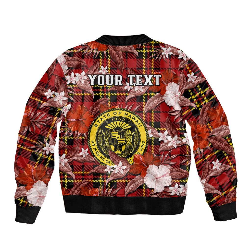 Red bomber jacket with tropical flowers, tartan print, Hawaii seal and YOUR TEXT on back