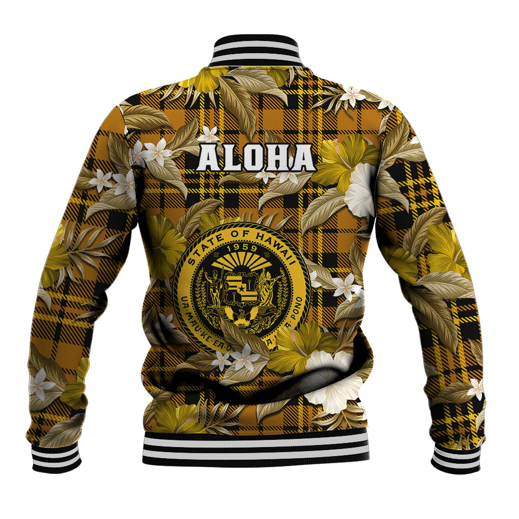 Gold plaid tropical baseball jacket back with ALOHA text, state Hawaii seal, striped rib hem