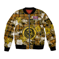 Gold bomber jacket with tropical flowers and plaid pattern, front zipper and ribbed cuffs