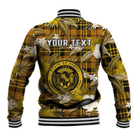 Gold plaid baseball jacket back with tropical flowers, 'YOUR TEXT', striped rib hem