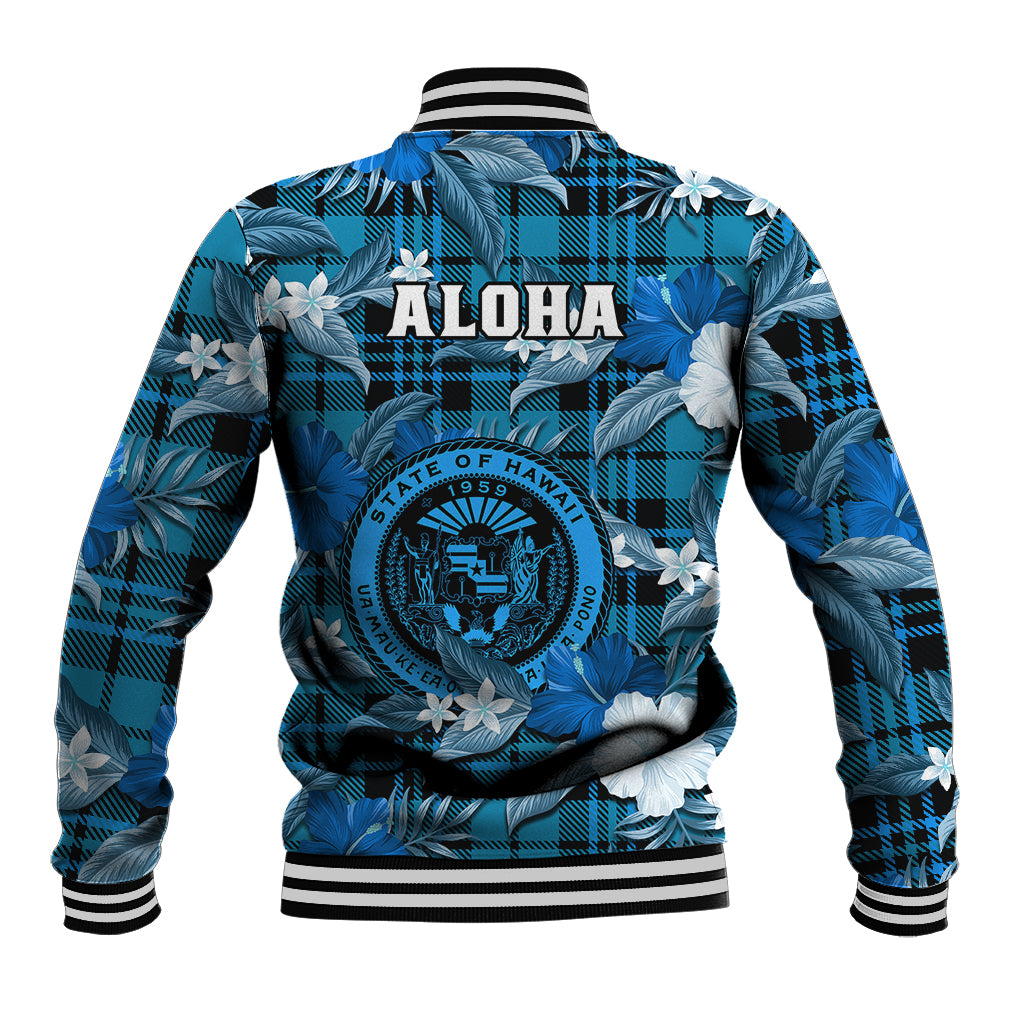 Blue tropical floral tartan baseball jacket with ALOHA graphic, striped ribbed hem and collar