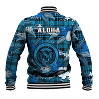 Blue tropical floral tartan baseball jacket with ALOHA graphic, striped ribbed hem and collar