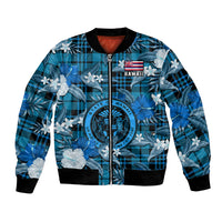 Blue bomber jacket with tropical floral print, plaid pattern, and front zip closure