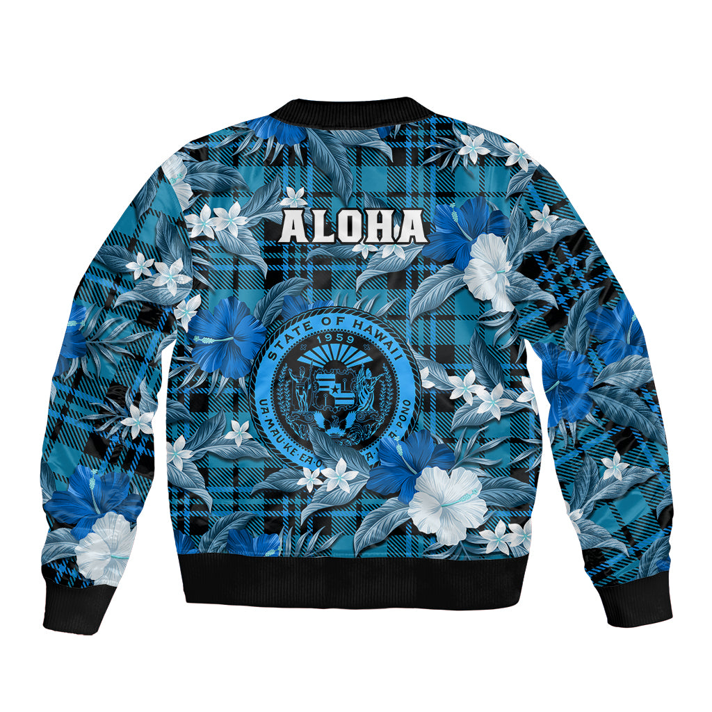 Blue bomber jacket with tropical floral print, plaid back, ALOHA graphic, ribbed hem