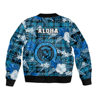 Blue bomber jacket with tropical floral print, plaid back, ALOHA graphic, ribbed hem