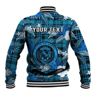 Blue tropical floral plaid baseball jacket with back 'YOUR TEXT' and Hawaii seal