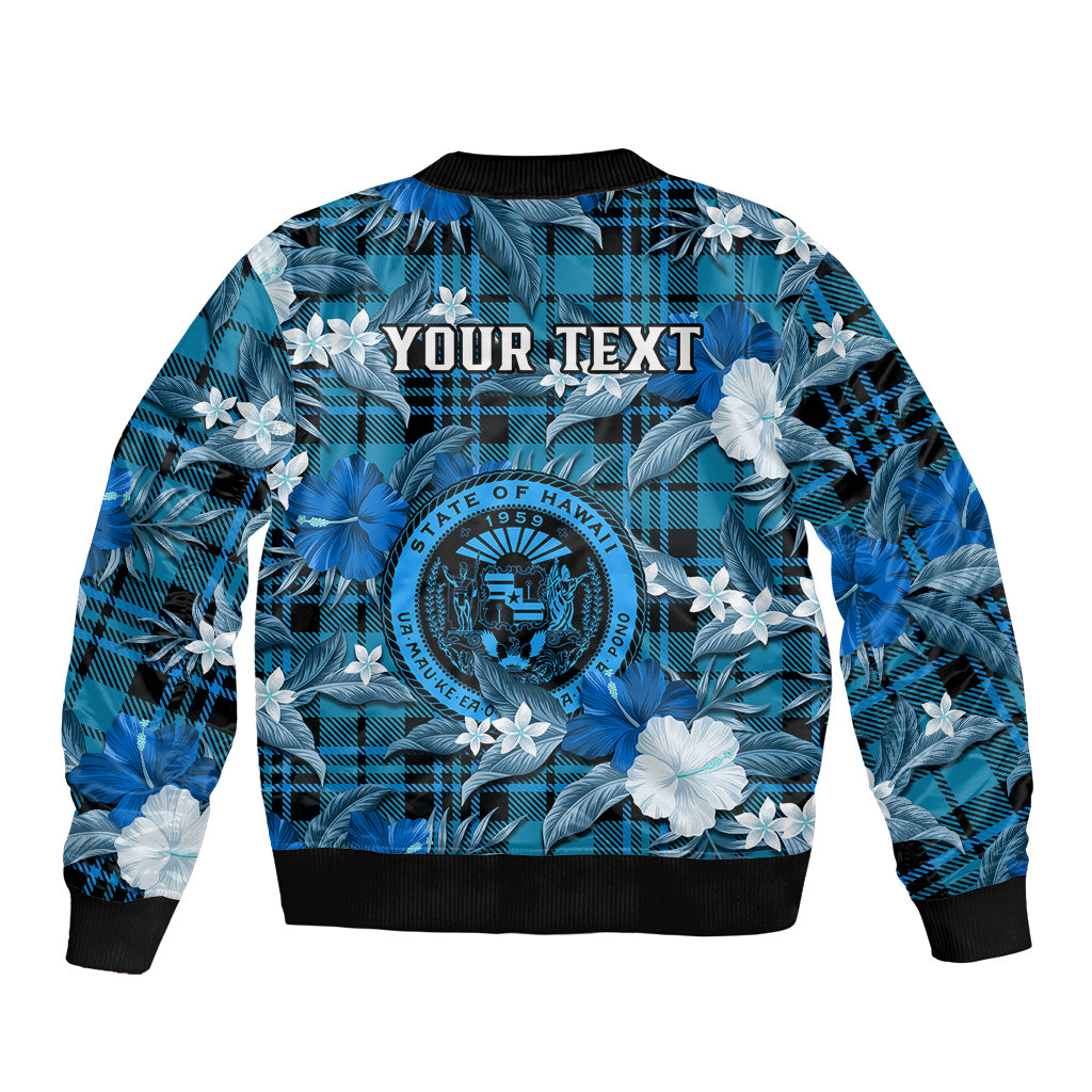 Unisex blue bomber jacket with tropical flowers, check pattern, and space for your text