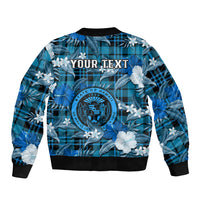 Unisex blue bomber jacket with tropical flowers, check pattern, and space for your text