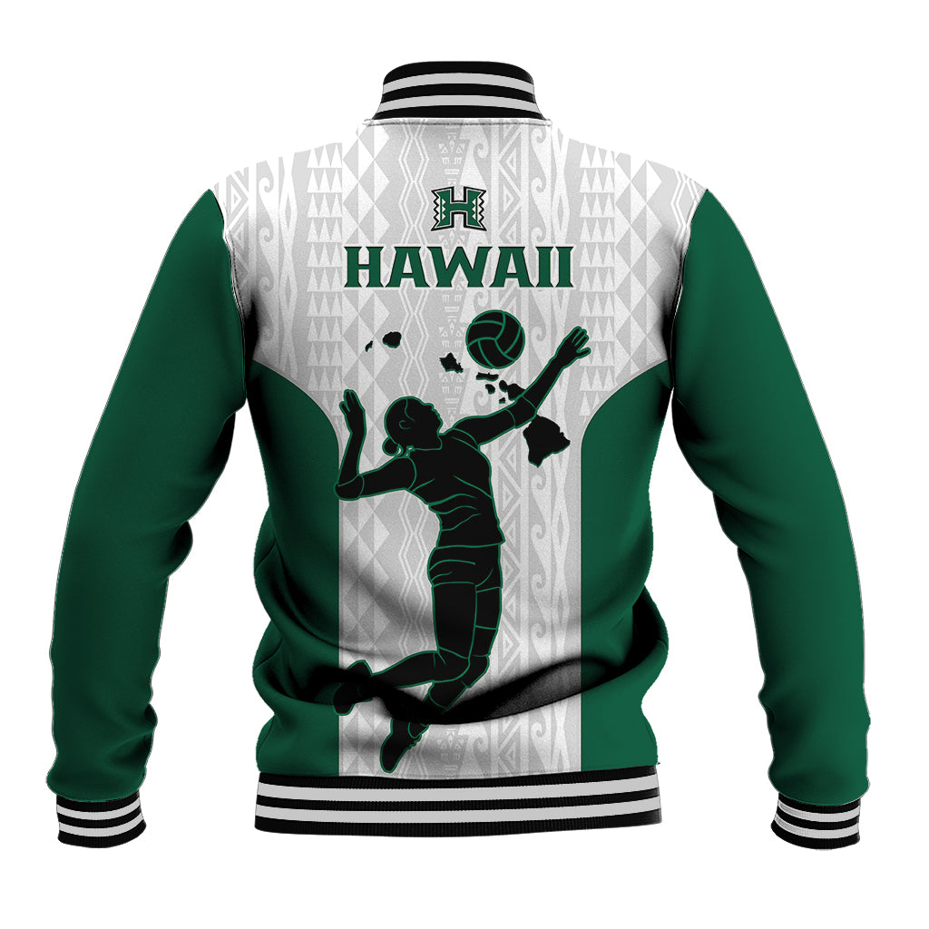 Baseball jacket back with white geometric print, green sleeves, volleyball player graphic, rib hem