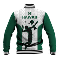 Baseball jacket back with white geometric print, green sleeves, volleyball player graphic, rib hem