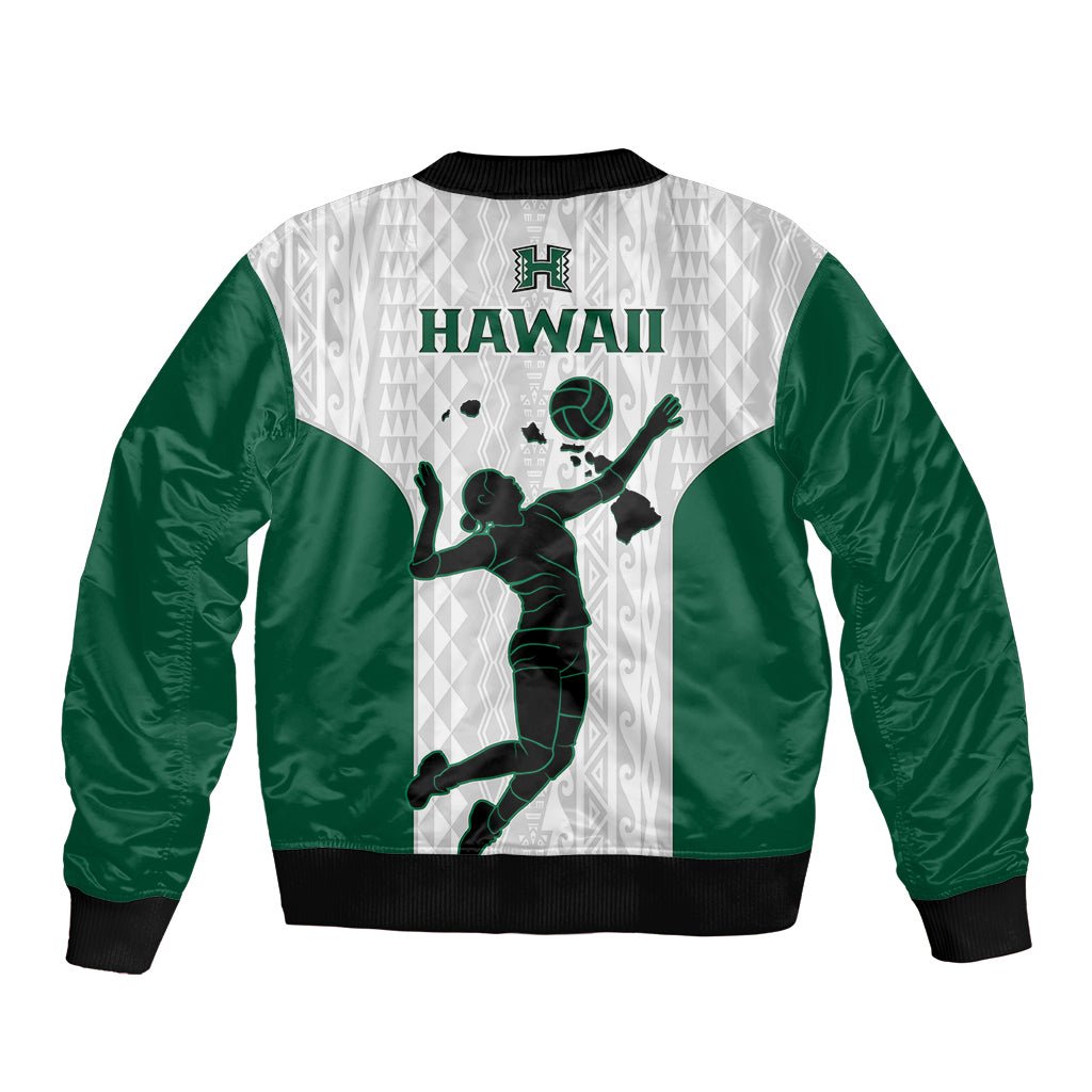 Unisex Hawaii volleyball bomber jacket with volleyball player graphic, white/green panels