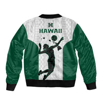 Unisex Hawaii volleyball bomber jacket with volleyball player graphic, white/green panels