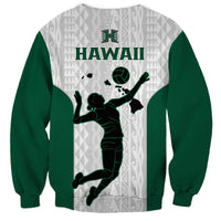 Hawaii volleyball sweatshirt with green sleeves, back player graphic, and "HAWAII" text