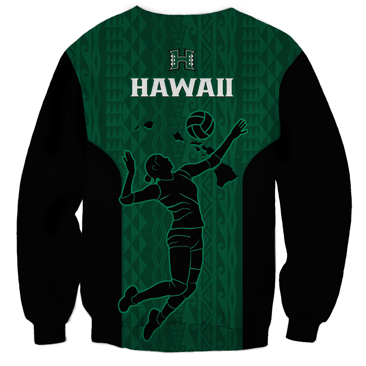 Unisex green volleyball sweatshirt with black sleeves, H logo and back volleyball player graphic