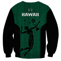 Unisex green volleyball sweatshirt with black sleeves, H logo and back volleyball player graphic