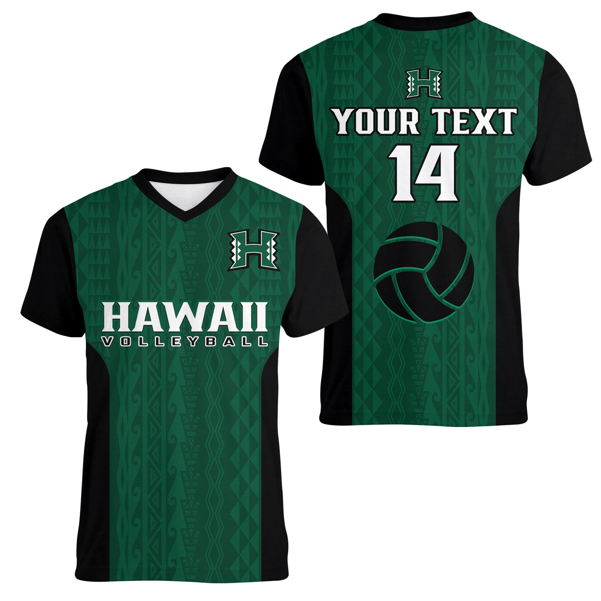 custom-text-and-number-hawaii-volleyball-women-v-neck-t-shirt-hawaiian-kakau-green-style