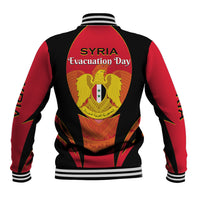 Red and black baseball jacket back with “SYRIA” and “Evacuation Day” graphic crest