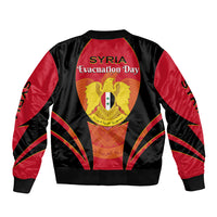 Red and black bomber jacket with large front eagle coat-of-arms graphic and text