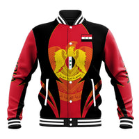 Unisex red and black baseball jacket with crest patch and varsity striped collar