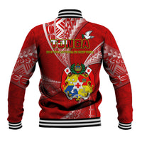 Red baseball jacket with striped rib hem and back crest graphic