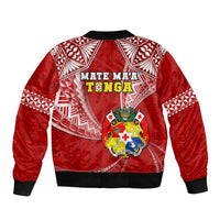 Red bomber jacket back with large Tongan crest, geometric patterns, and black ribbed hem