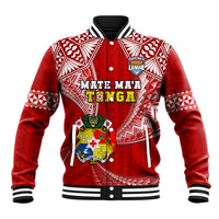Red baseball jacket with geometric crest graphic, black/white striped ribbed collar