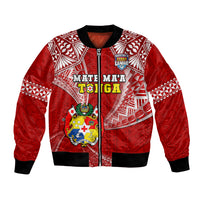 Red bomber jacket with black ribbed collar and zip; tribal graphic crest front