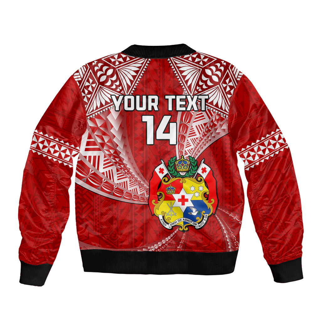Red bomber jacket back with black ribbed hem; YOUR TEXT and number 14