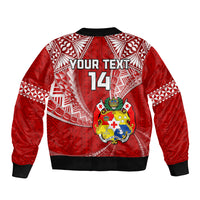 Red bomber jacket back with black ribbed hem; YOUR TEXT and number 14