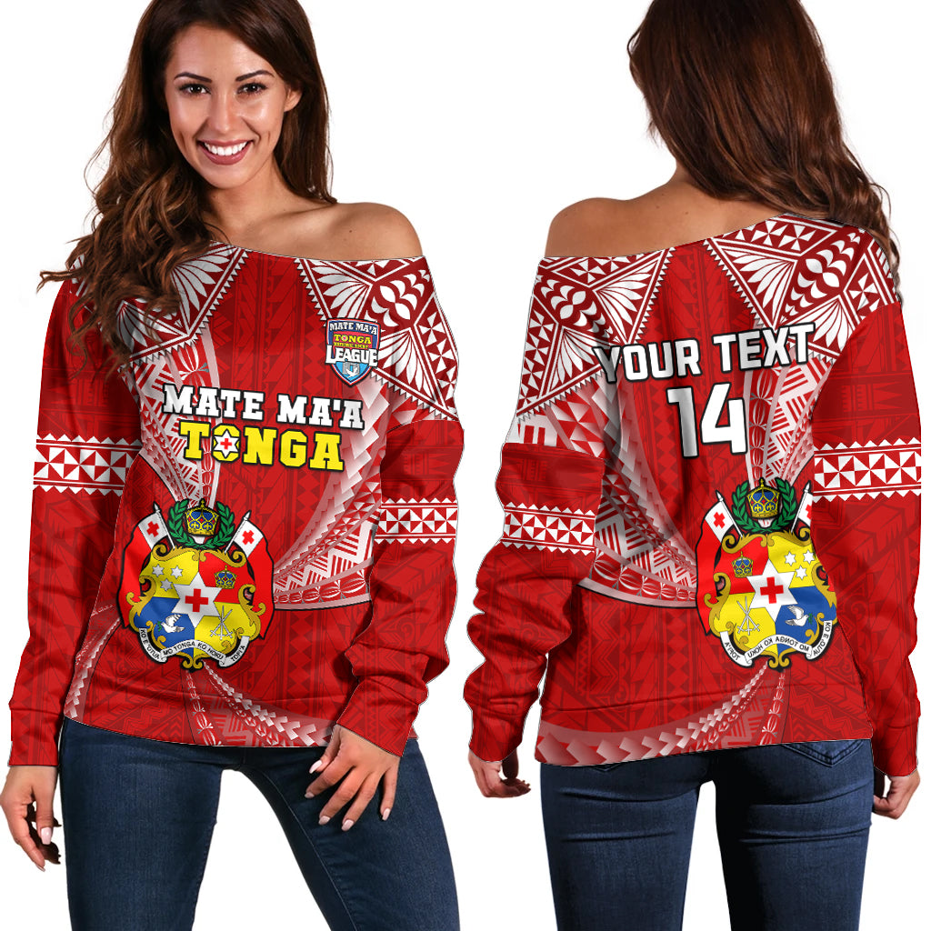 (Custom Text And Number) Tonga Rugby Off Shoulder Sweater Mate Maa Tonga Pacific Tongan Ngatu - Wonder Print Shop