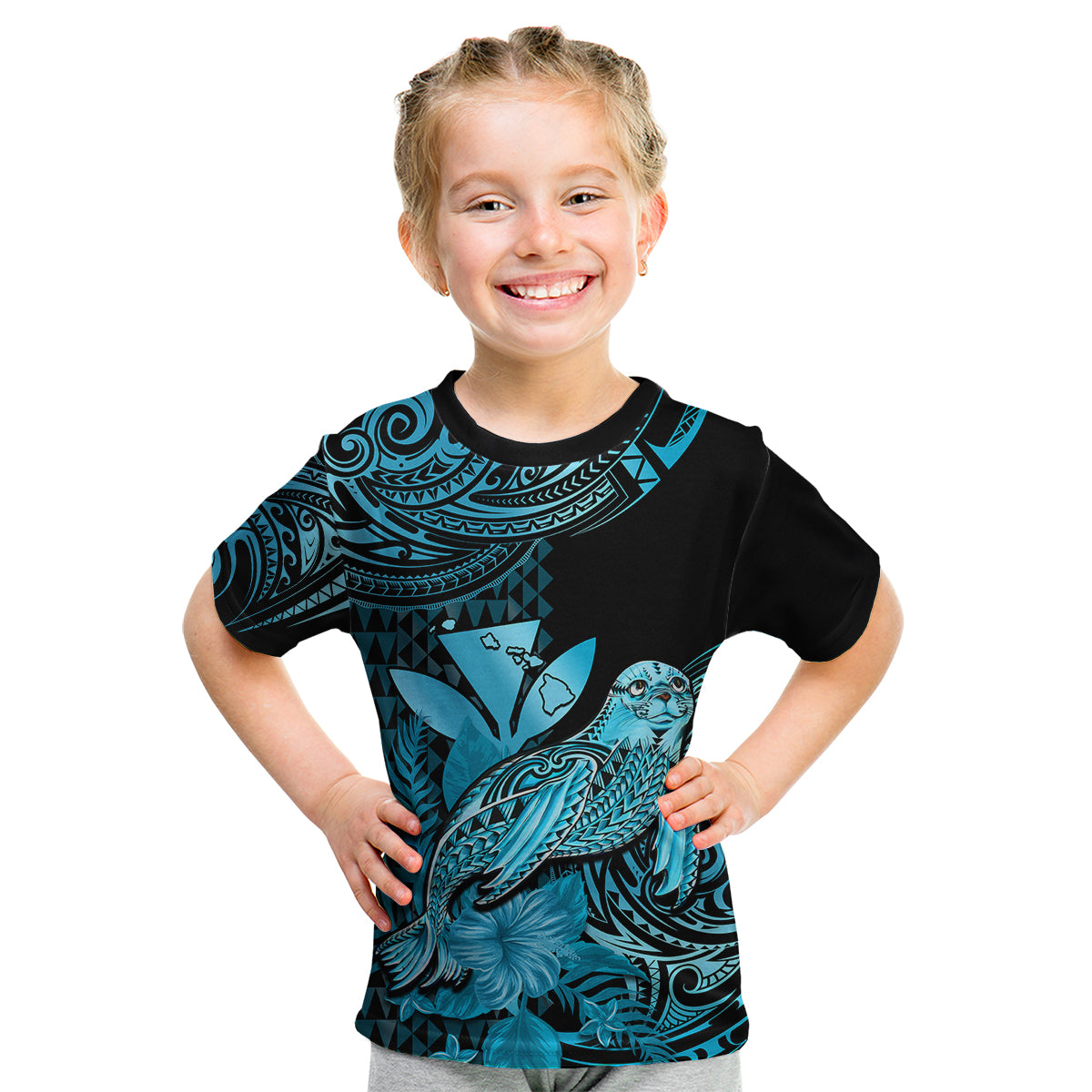 (Custom Personalised) Hawaii Monk Seal Kid T Shirt Polynesian Kakau With Kanaka Turquoise - Wonder Print Shop