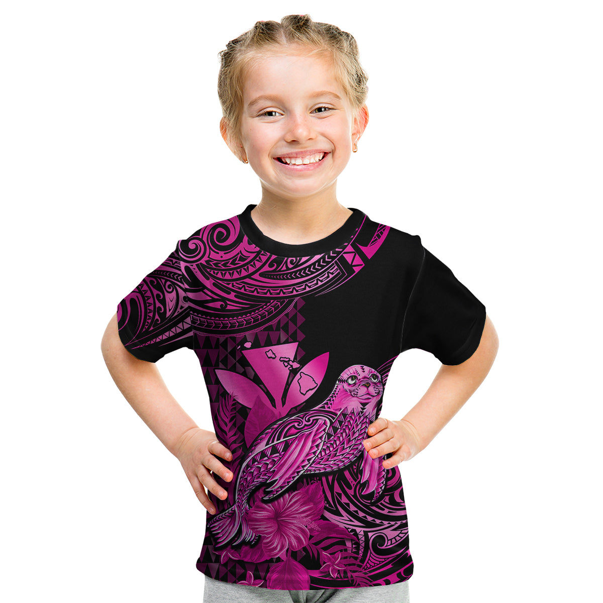 (Custom Personalised) Hawaii Monk Seal Kid T Shirt Polynesian Kakau With Kanaka Pink - Wonder Print Shop