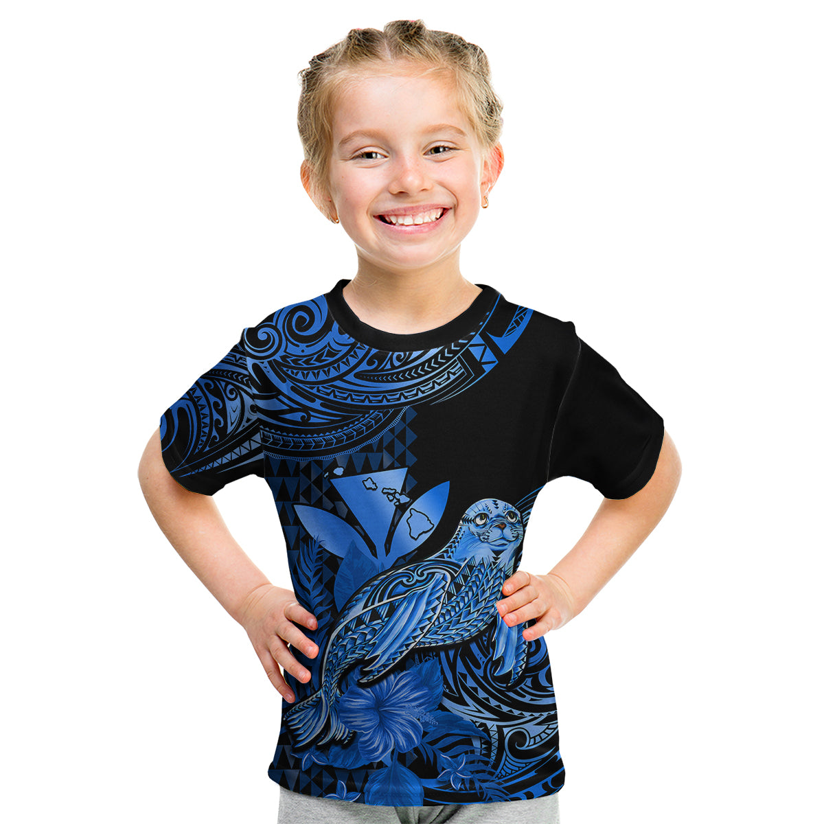 (Custom Personalised) Hawaii Monk Seal Kid T Shirt Polynesian Kakau With Kanaka Blue - Wonder Print Shop