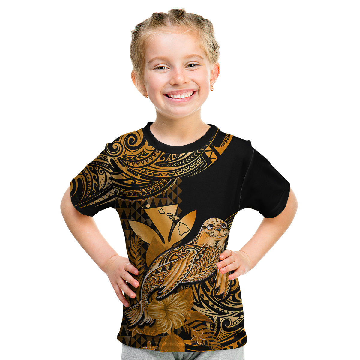 (Custom Personalised) Hawaii Monk Seal Kid T Shirt Polynesian Kakau With Kanaka Gold - Wonder Print Shop