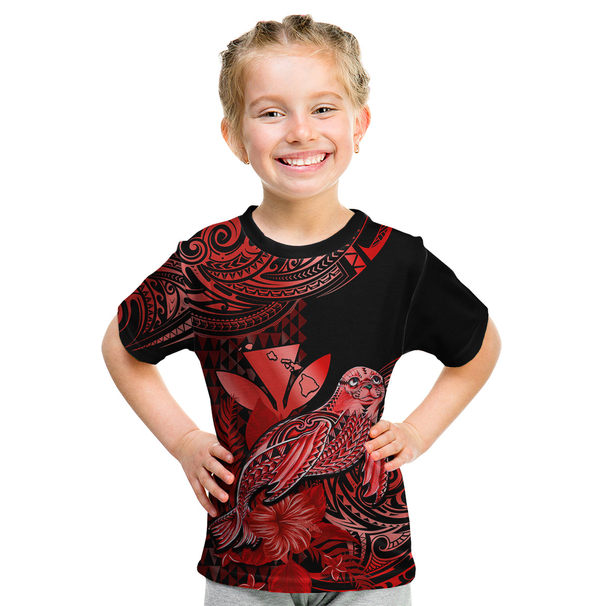 (Custom Personalised) Hawaii Monk Seal Kid T Shirt Polynesian Kakau With Kanaka Red - Wonder Print Shop