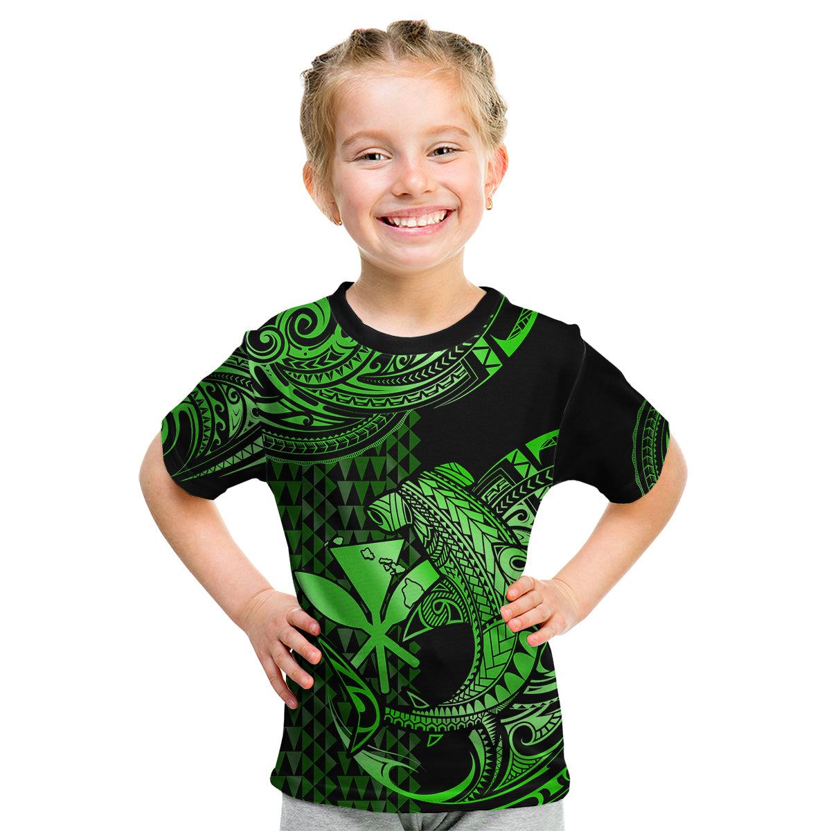 (Custom Personalised) Hawaii Hammerhead Shark Kid T Shirt Polynesian Kakau With Kanaka Green - Wonder Print Shop